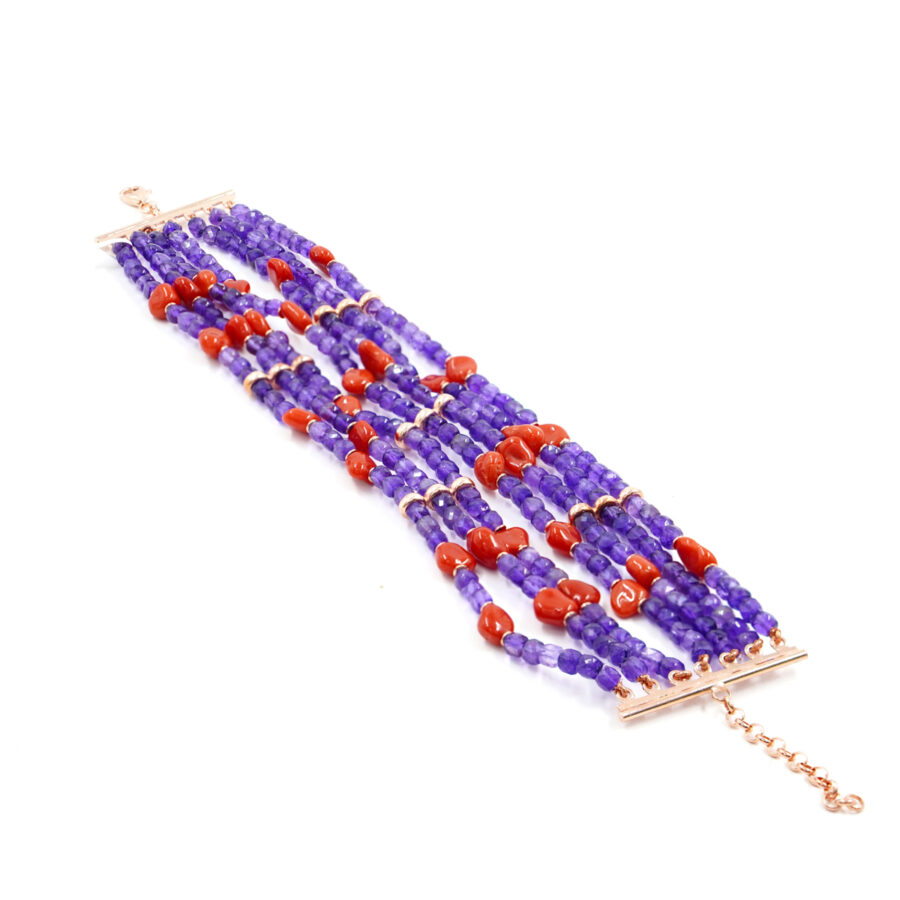 Bracciale con ametista, corallo, ematite, chiusura in argento - Rosè