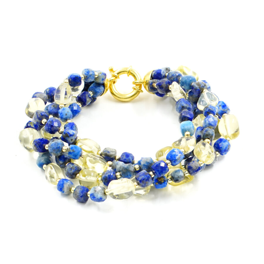 Bracciale con lapis, quarzo lemon, ematite, chiusura in argento - Dorato