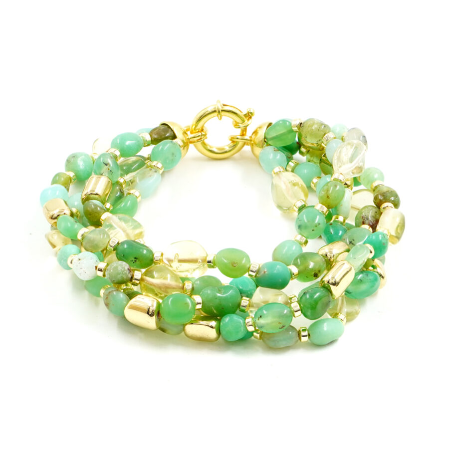 Bracciale con crisoprasio, quarzo lemon, ematite, chiusura in argento - Dorato