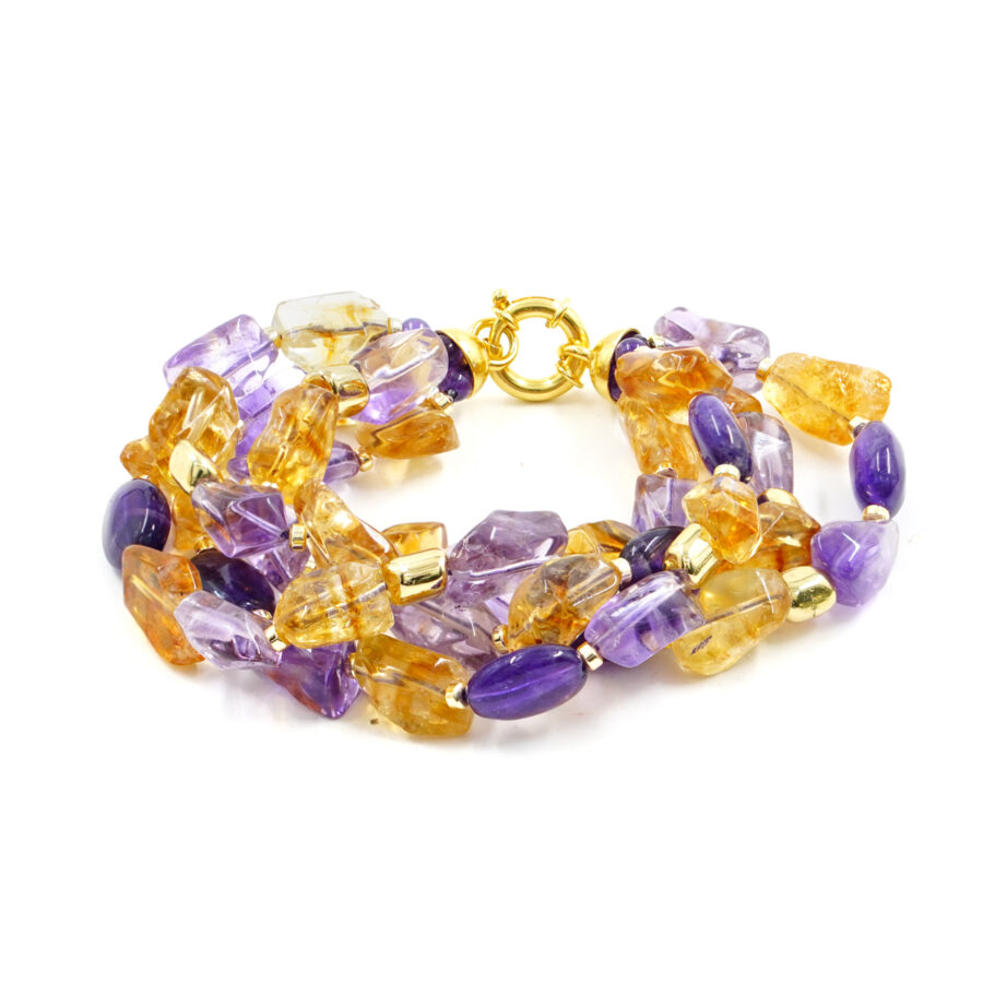 Bracciale con ametista, quarzo citrino, ematite, chiusura in argento - Dorato