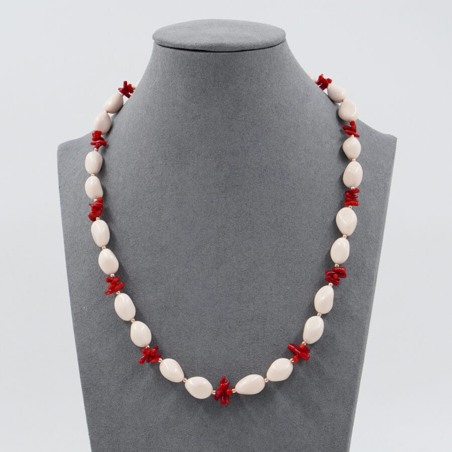 Collana con pasta di corallo rosa, corallo rosso, ematite, chiusura in argento – Rosè - immagine 2