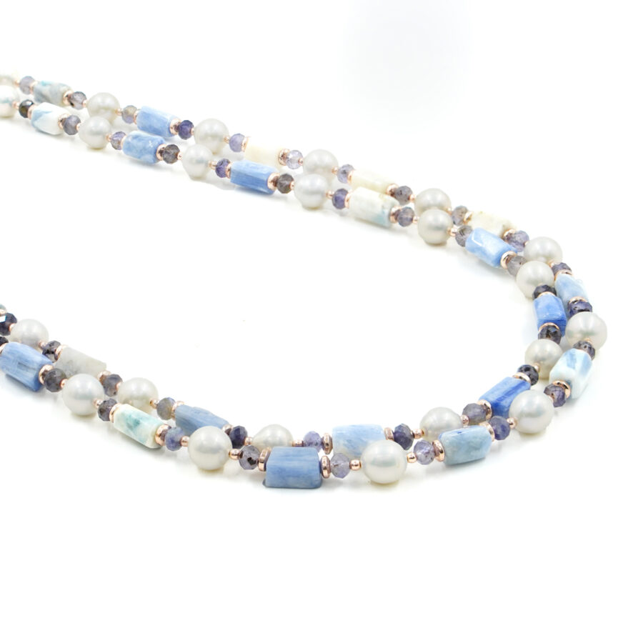 Collana con cianite, iolite, perla, ematite, chiusura in argento - Rosè