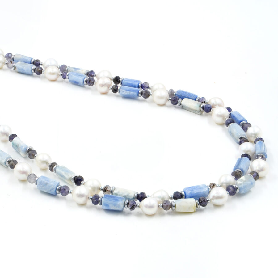 Collana con cianite, iolite, perla, ematite, chiusura in argento – Rodiato