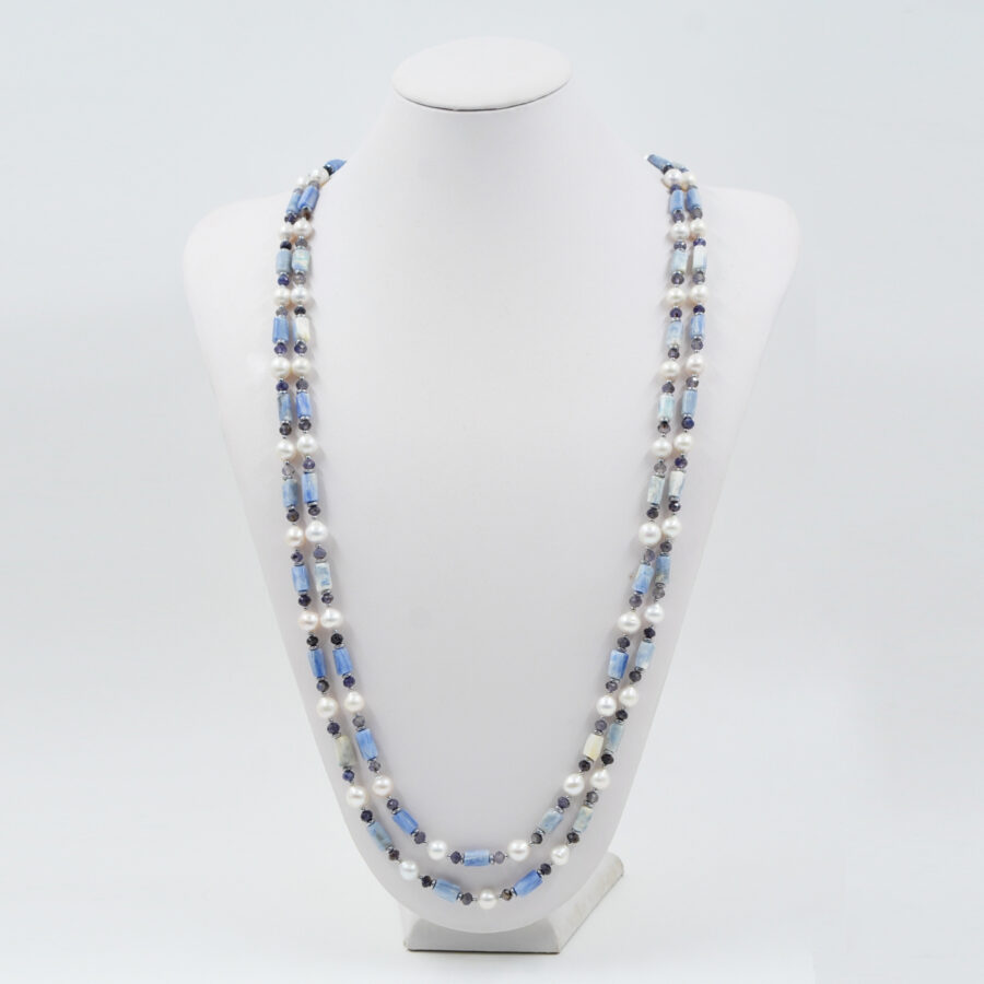 Collana con cianite, iolite, perla, ematite, chiusura in argento – Rodiato - immagine 2