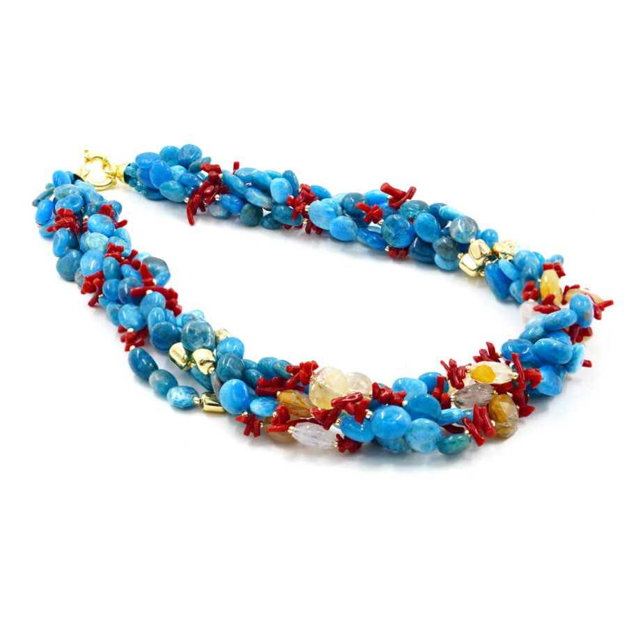 Collana con apatite, corallo, quarzo rutilato, ematite, chiusura in argento - Dorato
