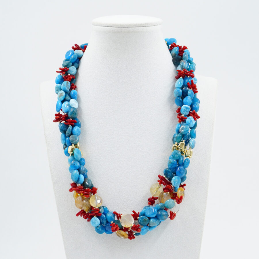 Collana con apatite, corallo, quarzo rutilato, ematite, chiusura in argento - Dorato - immagine 2