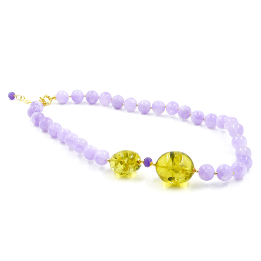 Collana con ametista lavanda, ambra, ematite, chiusura in argento – Dorato