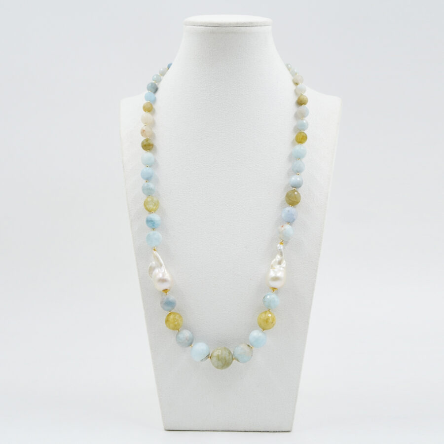 Collana con acquamarina sfaccettata a gradazione, perla, ematite, chiusura in argento – Dorato - immagine 2