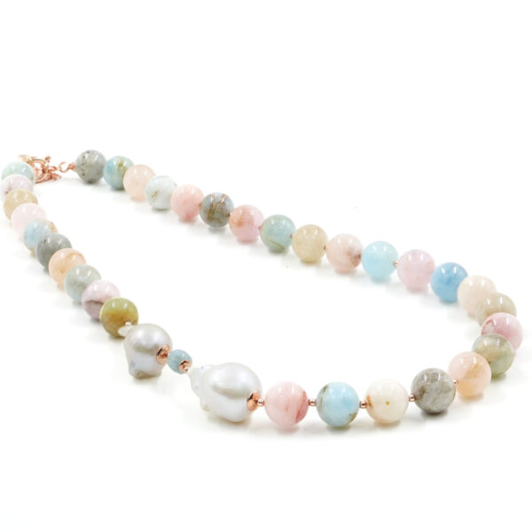 Collana con berillo, perla, ematite, chiusura in argento - Rosè