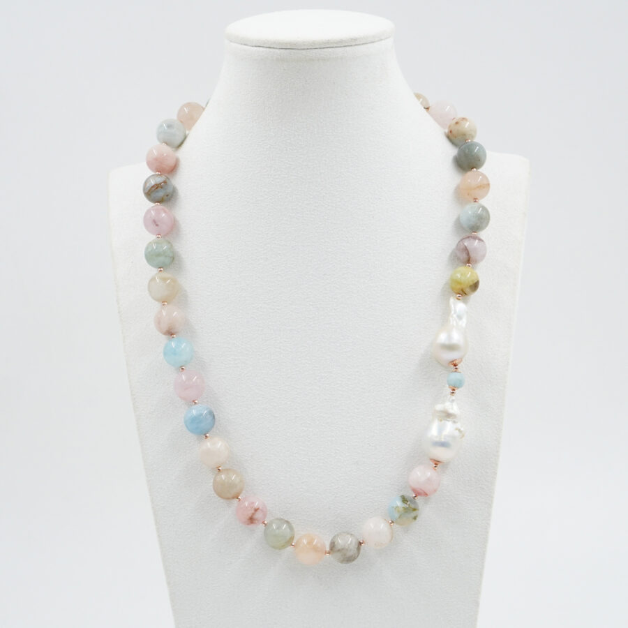 Collana con berillo, perla, ematite, chiusura in argento - Rosè - immagine 2