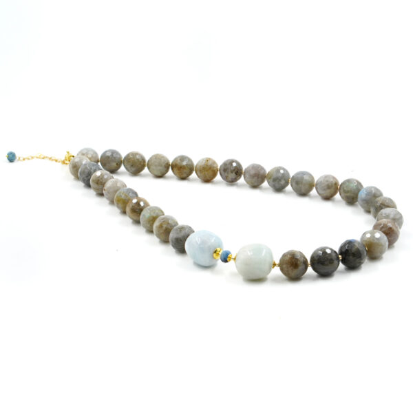 Collana con labradorite,acquamarina, ematite, chiusura in argento - Dorato