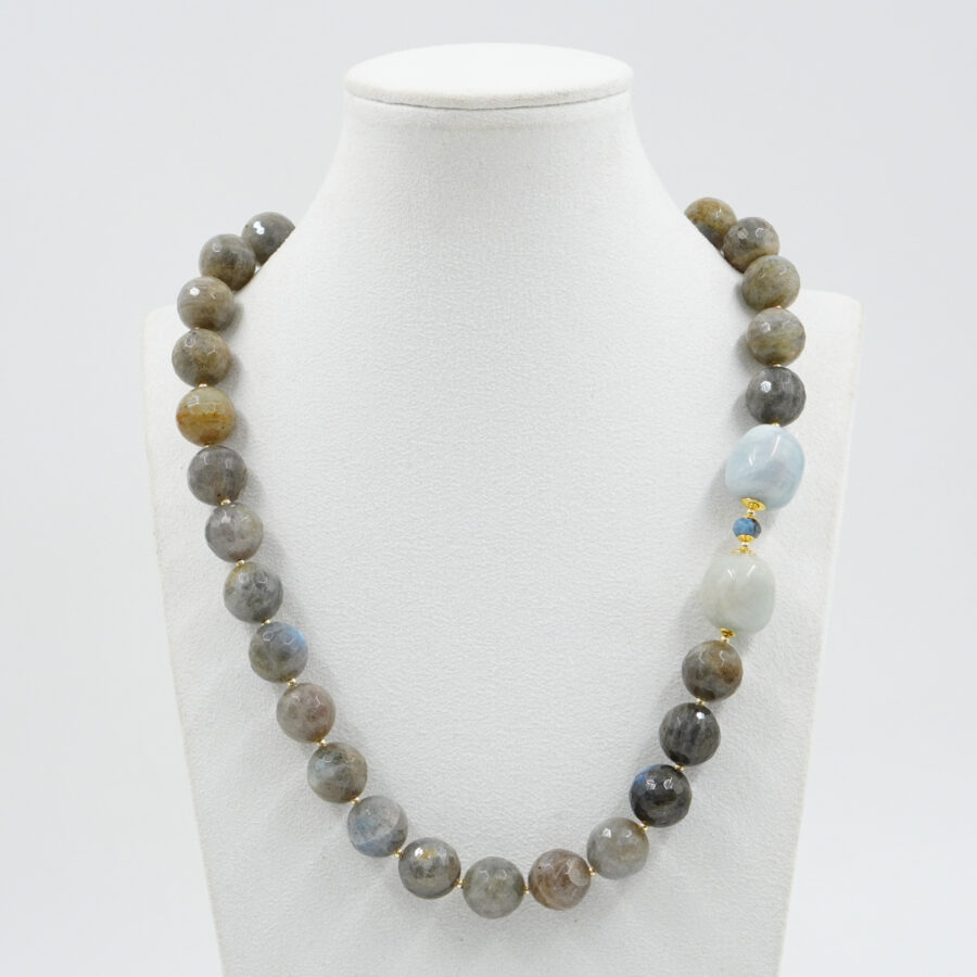 Collana con labradorite,acquamarina, ematite, chiusura in argento - Dorato - immagine 2