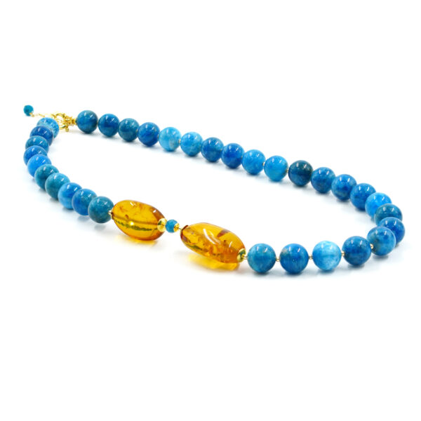 Collana con apatite, ambra cognac, chiusura in argento - Dorato