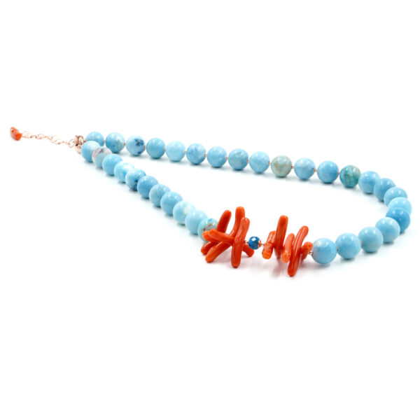 Collana con larimar, corallo, chiusura in argento - Rosè