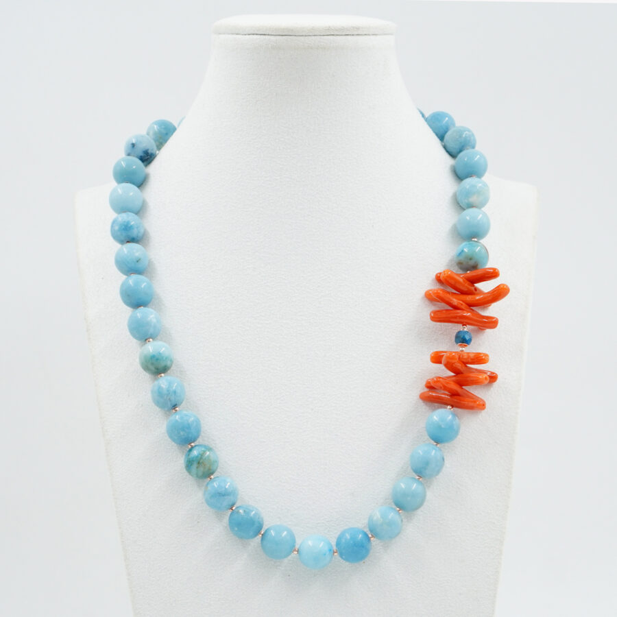 Collana con larimar, corallo, chiusura in argento - Rosè - immagine 2