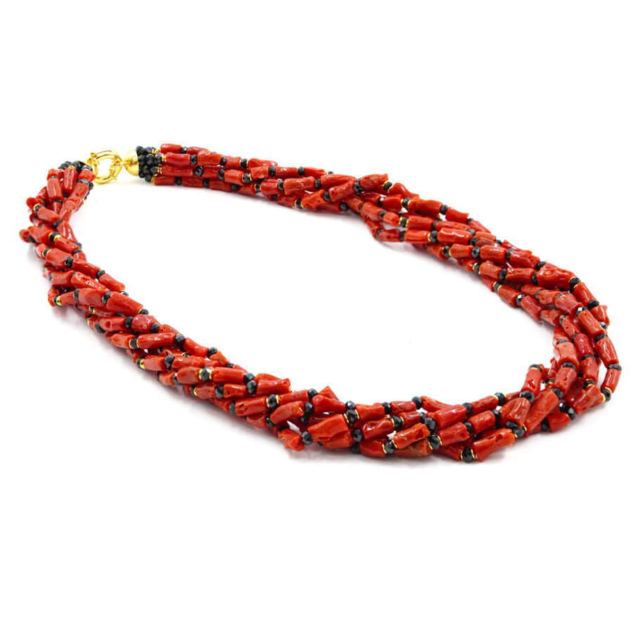 Collana con corallo, spinello nero, ematite, chiusura in argento - Dorato