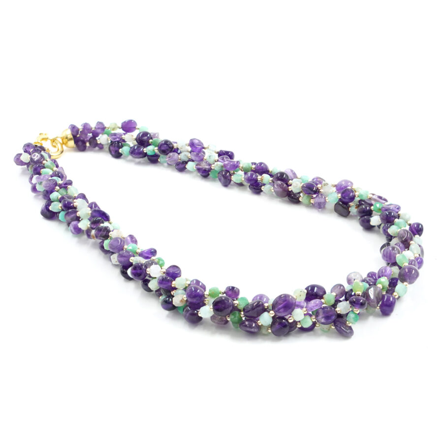 Collana con ametista, crisoprasio, ematite, chiusura in argento - Dorato