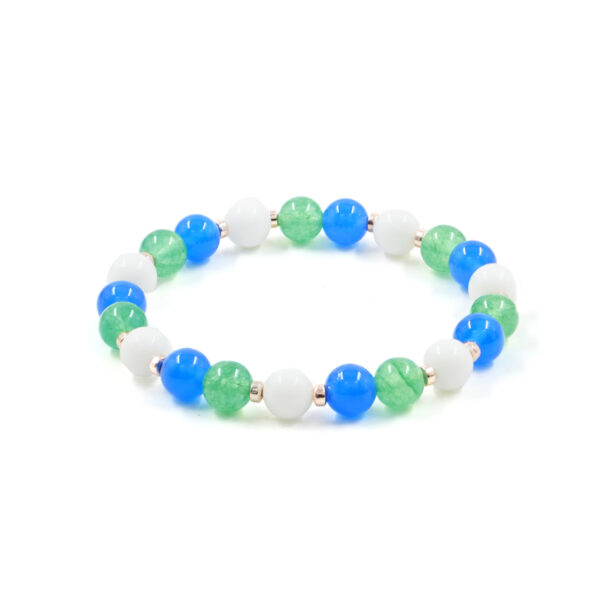 Bracciale elastico con agata bianca, agata blu, giada verde, ematite