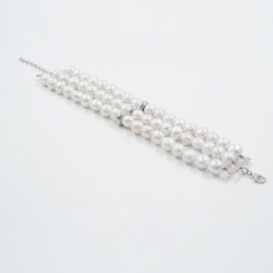 Bracciale Multifilo con perle Edison, chiusura ed elemento in argento - Rodiato