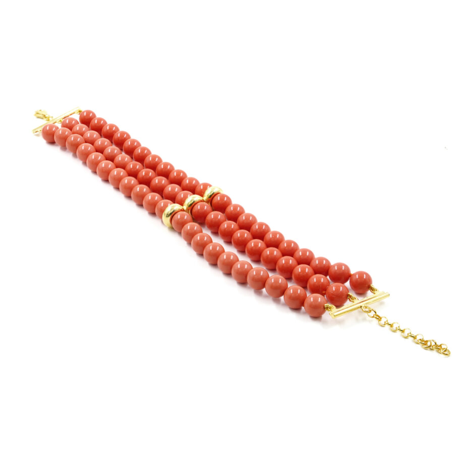Bracciale Multifilo con pasta di corallo cerasuolo, chiusura ed elemento in argento – Dorato