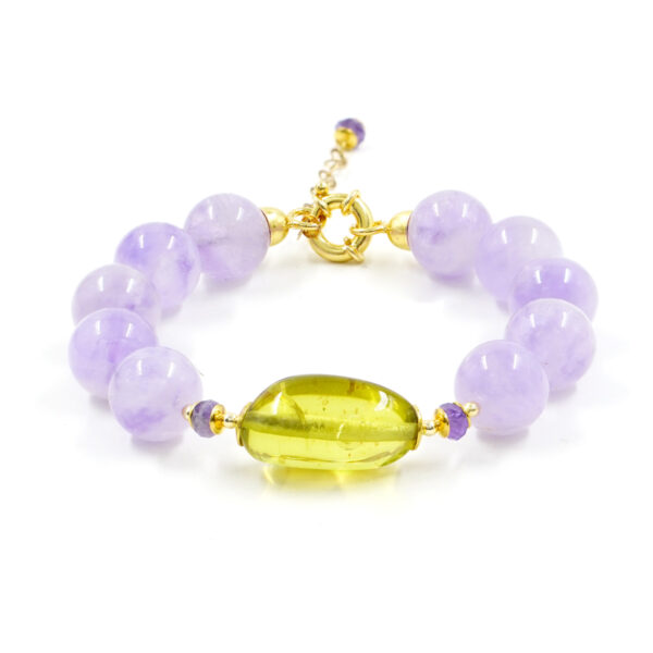 Bracciale con ametista lavanda, ambra colombiana verde, ematite, chiusura in argento - Dorato