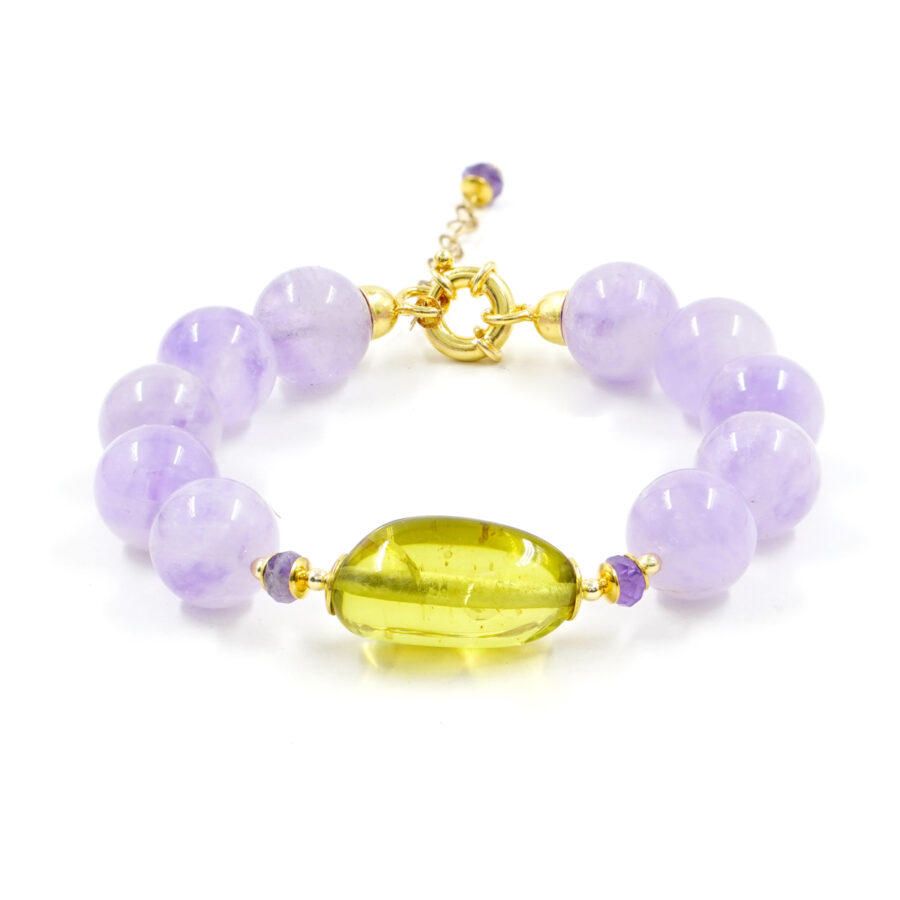 Bracciale con ametista lavanda, ambra colombiana verde, ematite, chiusura in argento - Dorato