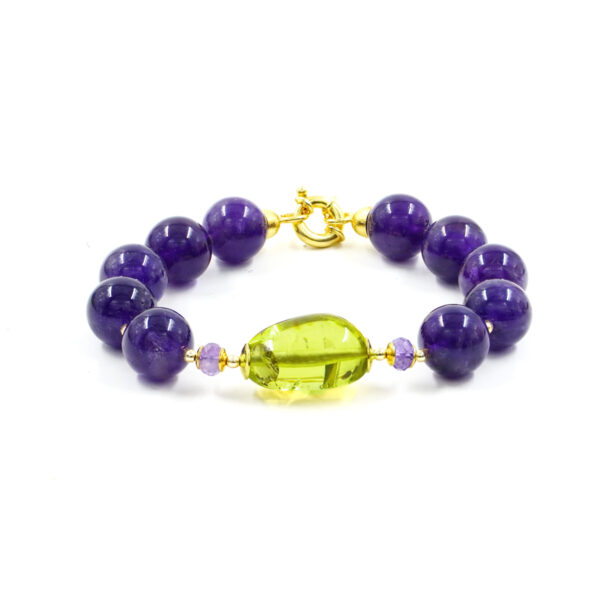 Bracciale con ametista, ambra colombiana verde, ematite, chiusura in argento - Dorato