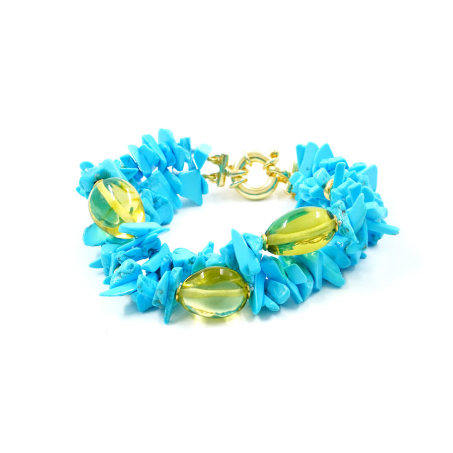Bracciale Multifilo con chips di turchese naturale, ambra colombiana verde, chiusura in argento – Dorato