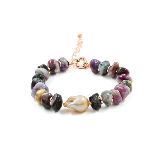 Bracciale con rondelle di tormalina, perla barocca color naturale, ematite, chiusura in argento - Rosè