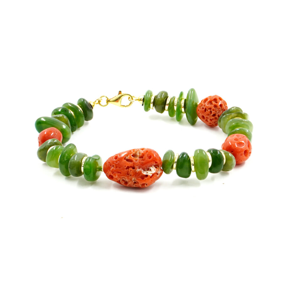 Bracciale con rondelle di giada canadese, corallo, ematite, chiusura in argento - Dorato