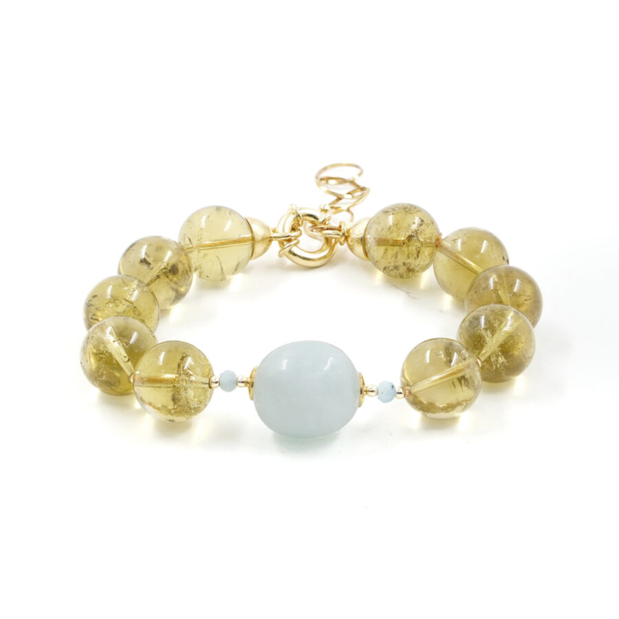 Bracciale con quarzo lemon, acquamarina, ematite, chiurura in argento - Dorato