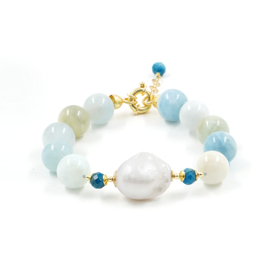 Bracciale con acquamarina, perla barocca, ematite, chiusura in argento - Dorato