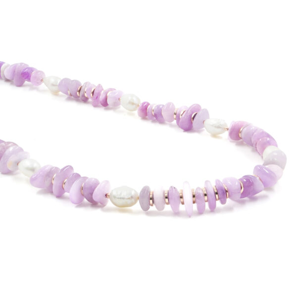 Collana con Kunzite, perla, ematite, chiusura in argento - Rosè