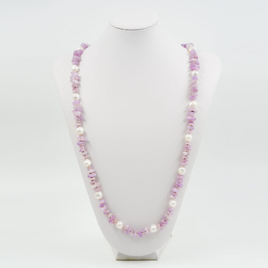 Collana con Kunzite, perla, ematite, chiusura in argento - Rosè - immagine 2