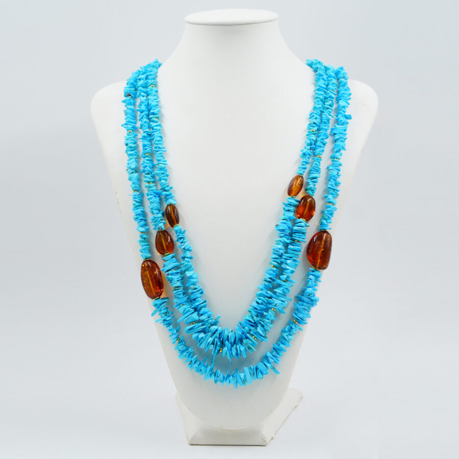 Collana Multifilo con chips di turchese naturale, ambra colombiana cognac, elementi in argento - Dorato