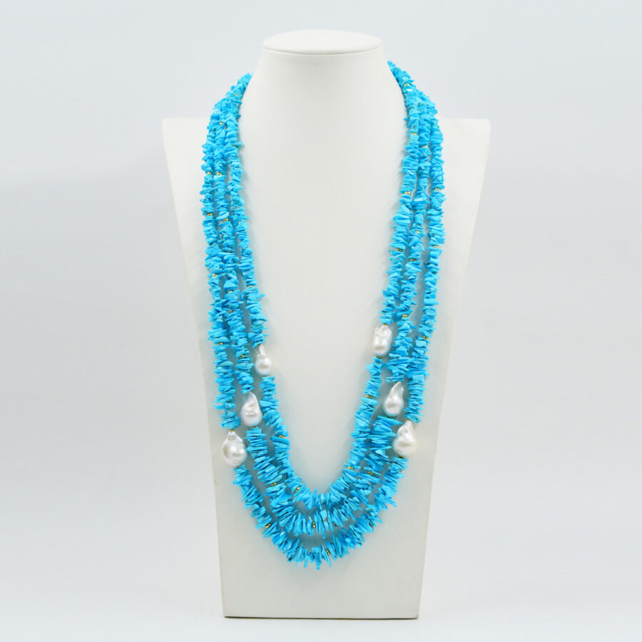 Collana Multifilo con chips di turchese naturale, perle barocche, elementi in argento - Dorato