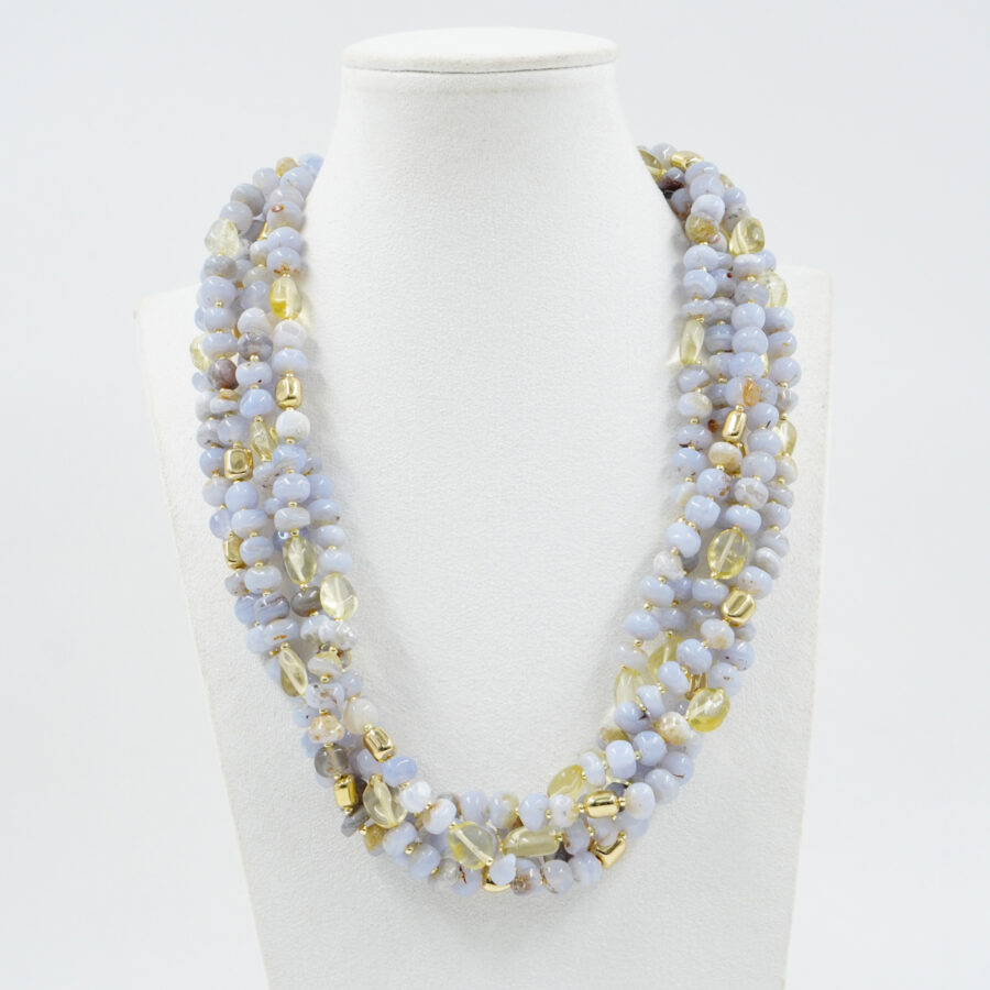 Collana Multifilo con agata blu lace, quarzo lemon, ematite, chiusura in argento - Dorato