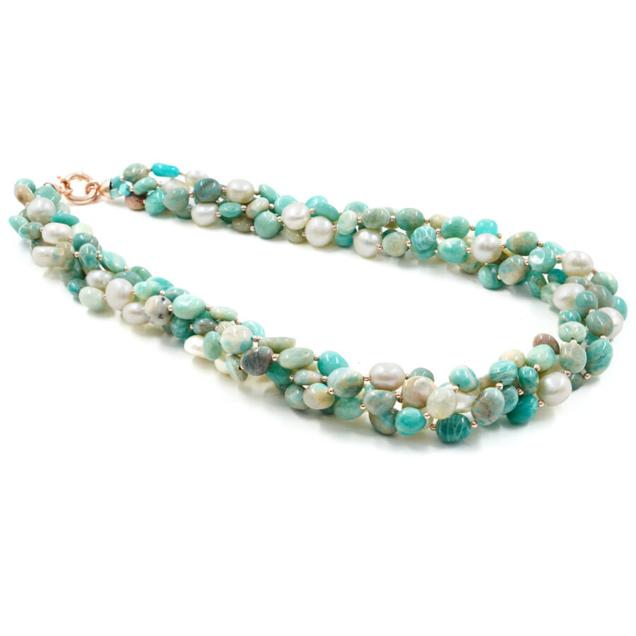 Collana Multifilo con amazzonite, perle, ematite, chiusura in argento - Rosè
