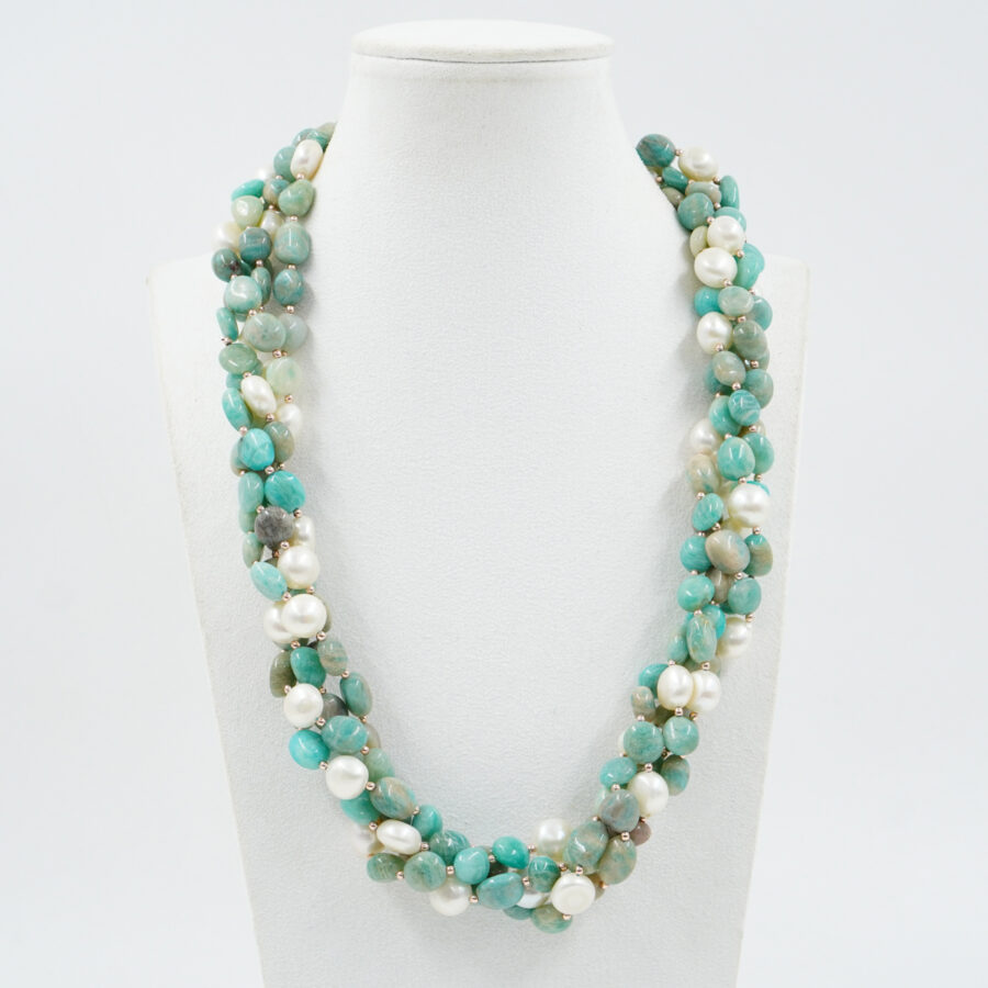 Collana Multifilo con amazzonite, perle, ematite, chiusura in argento - Rosè - immagine 2