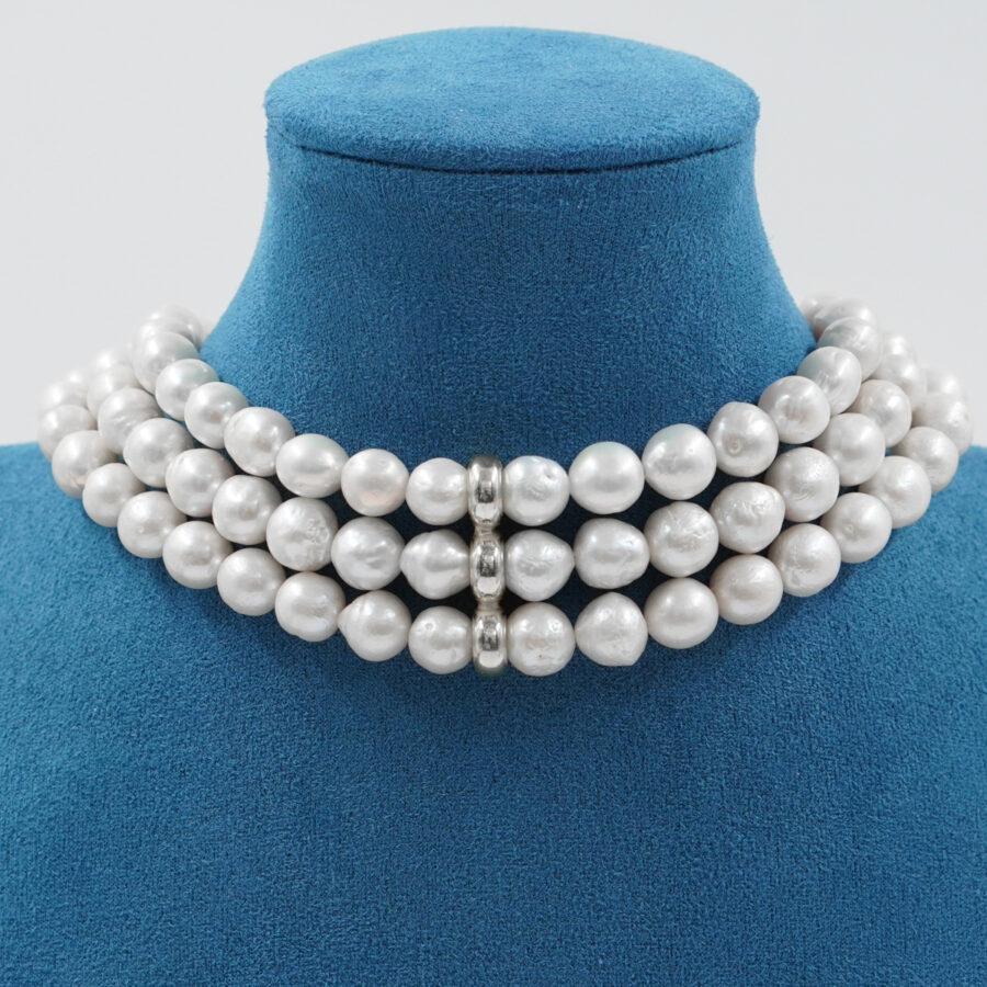 Collana Choker Multifilo con perle Edison, chiusura ed elemento in argento - Rodiato