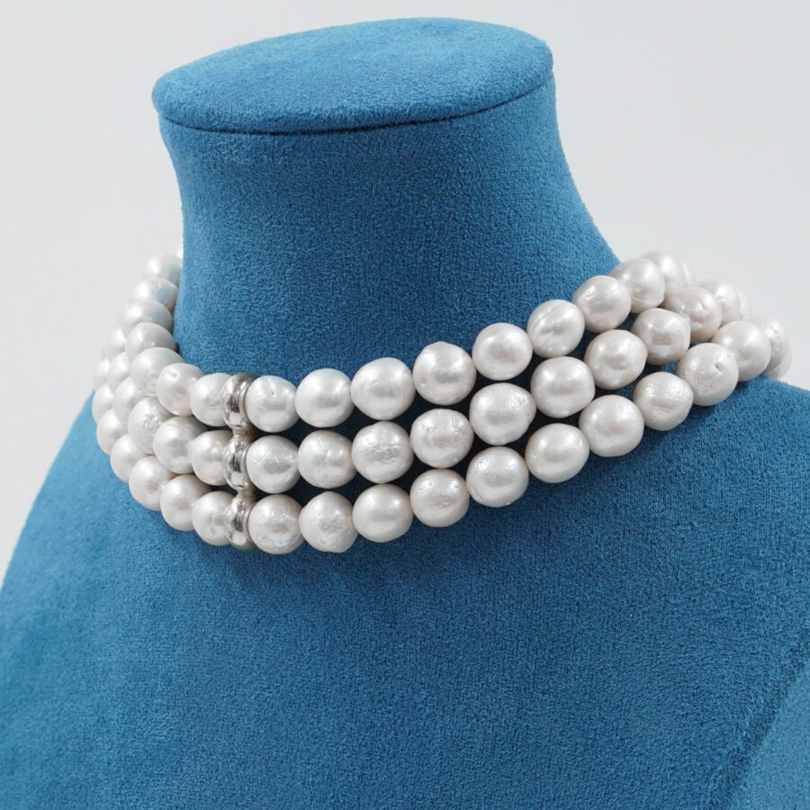 Collana Choker Multifilo con perle Edison, chiusura ed elemento in argento - Rodiato - immagine 2