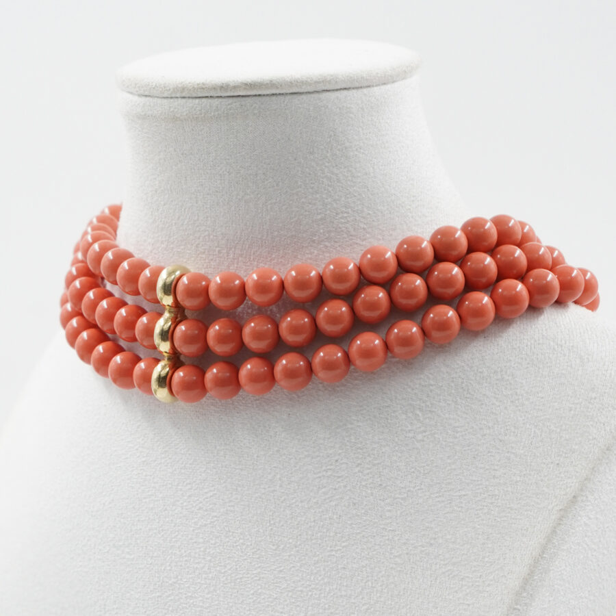Collana Choker Multifilo con pasta di corallo cerasuolo, chiusura ed elemento in argento – Dorato - immagine 2