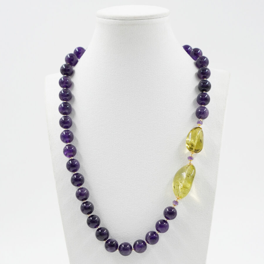 Collana con ametista, ambra colombiana verde, ematite, chiusura in argento - Dorato - immagine 2