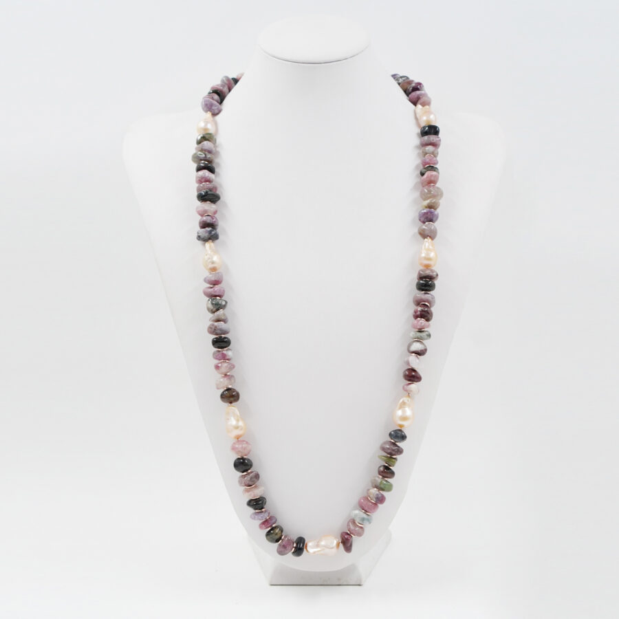 Collana con rondelle di tormalina, perla barocca color naturale, ematite, chiusura in argento - Rosè - immagine 2