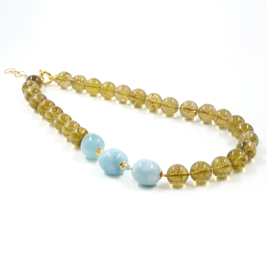 Collana con quarzo lemon, acquamarina, ematite, chiurura in argento - Dorato
