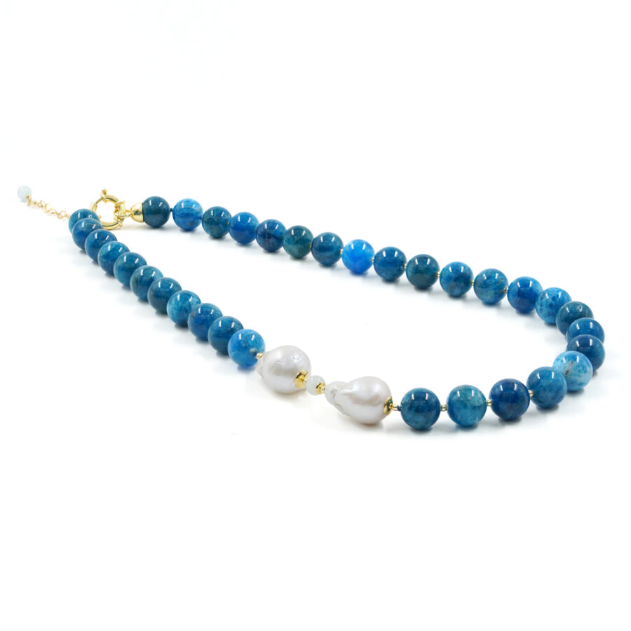 Collana con apatite, perla barocca, ematite, chiusura in argento - Dorato