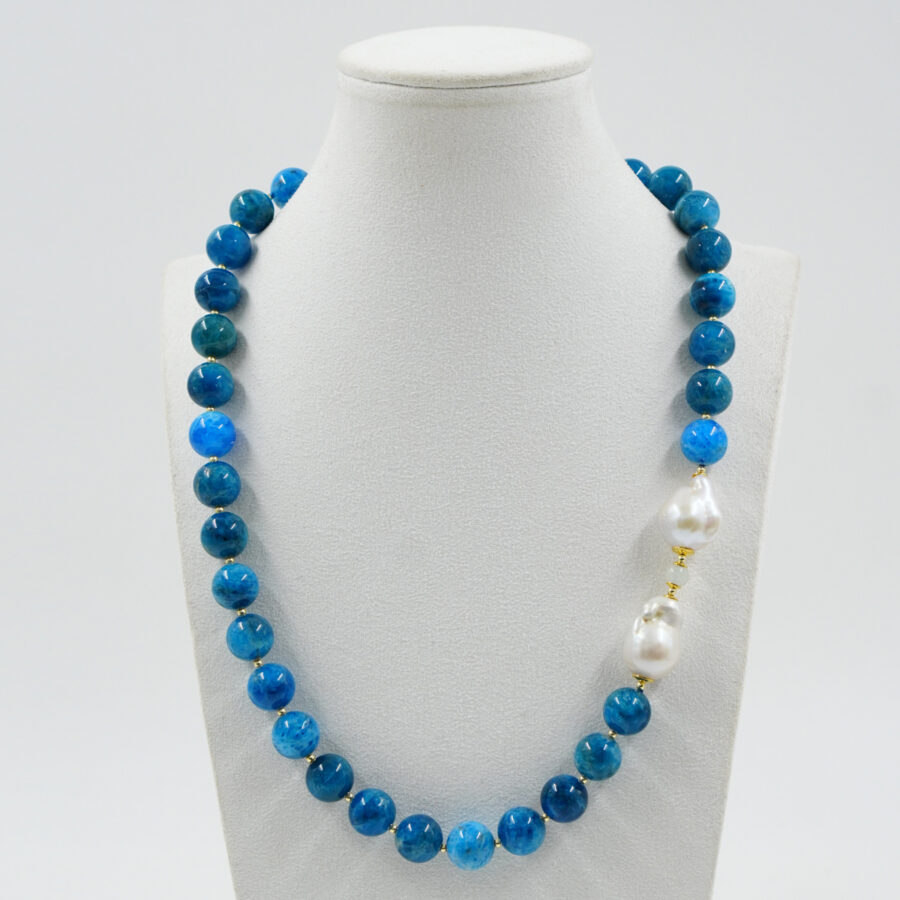 Collana con apatite, perla barocca, ematite, chiusura in argento - Dorato - immagine 2