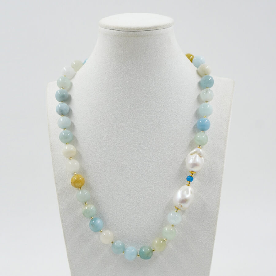 Collana con acquamarina, perla barocca, ematite, chiusura in argento - Dorato - immagine 2