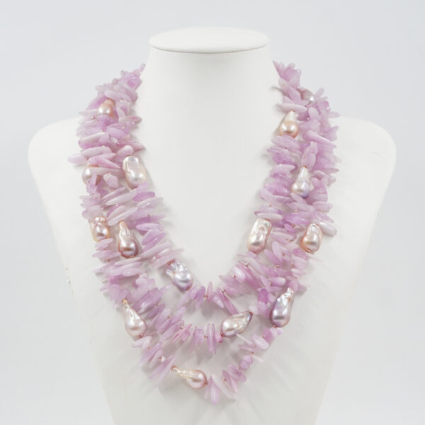 Collana con Kunzite, perle barocche bianche, chiusura in argento – Rosè