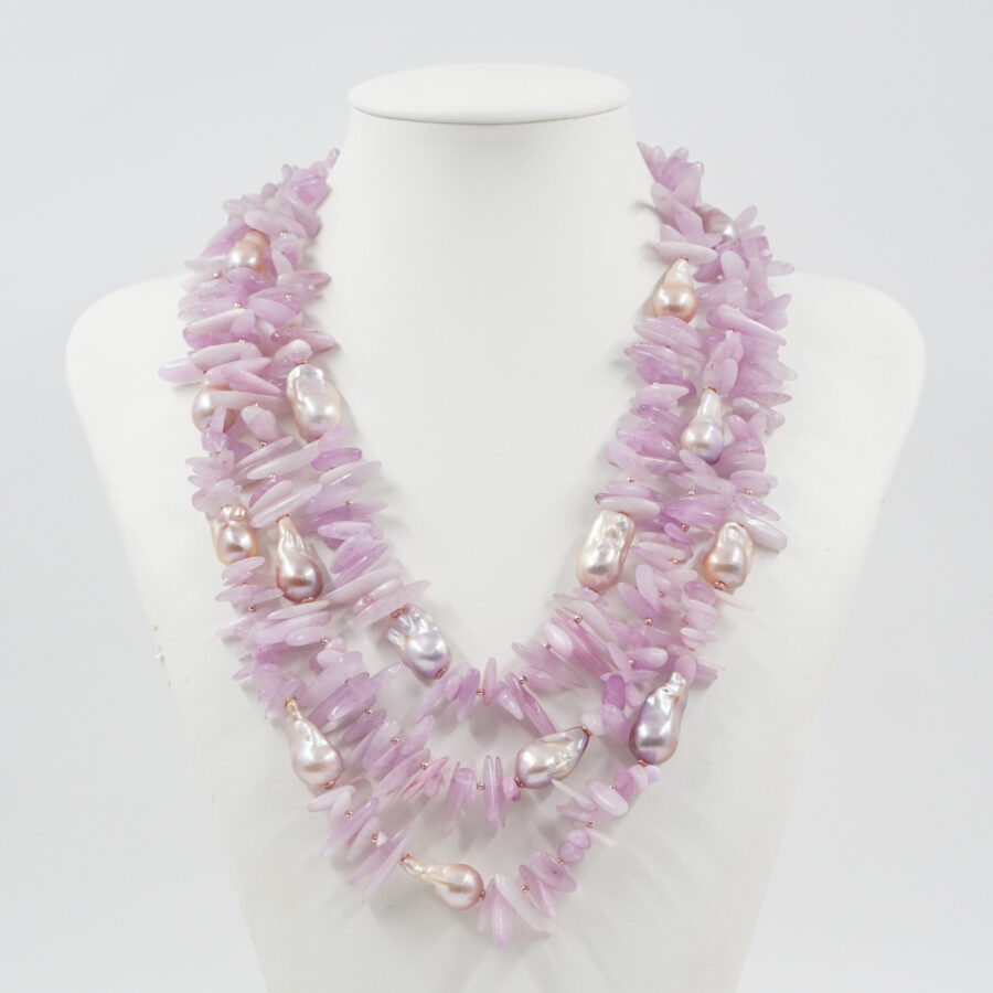 Collana con Kunzite, perle barocche bianche, chiusura in argento – Rosè